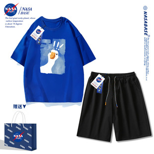 短裤 NASA联名短袖 潮流宽松男女情侣一套休闲运动裤 t恤男夏季 套装