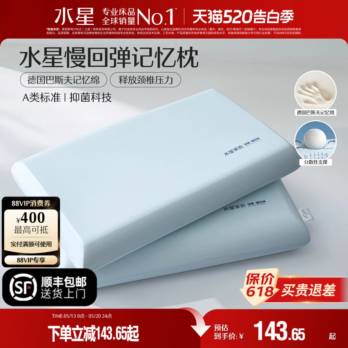 水星家纺记忆棉枕头深睡枕学生宿舍呵护颈椎辅助睡眠成人家用枕芯