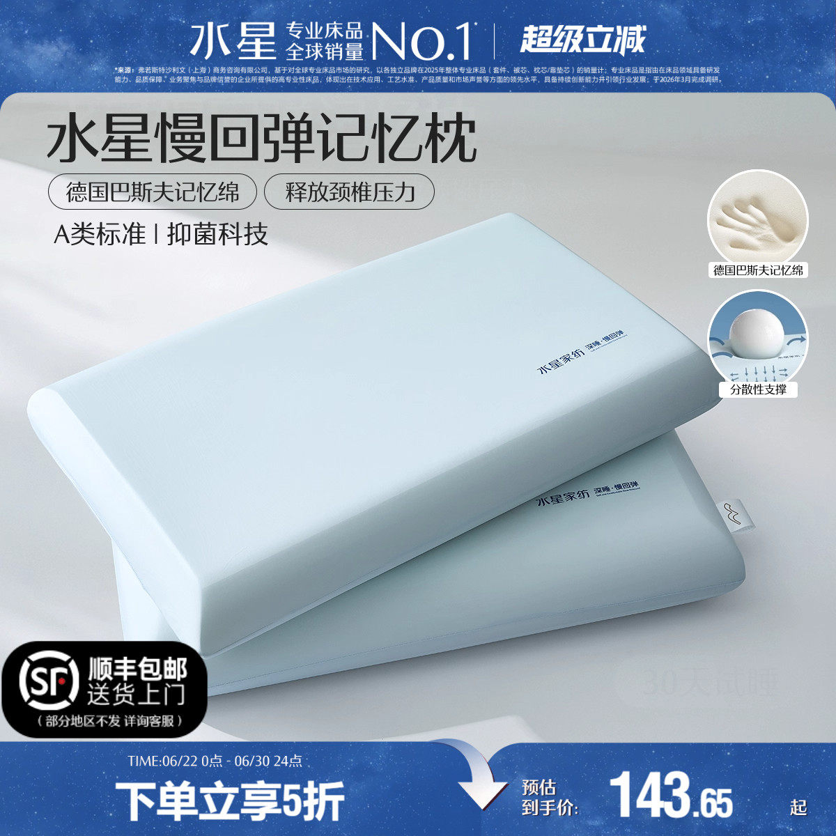 水星家纺记忆棉枕头深睡枕学生宿舍呵护颈椎辅助睡眠成人家用枕芯