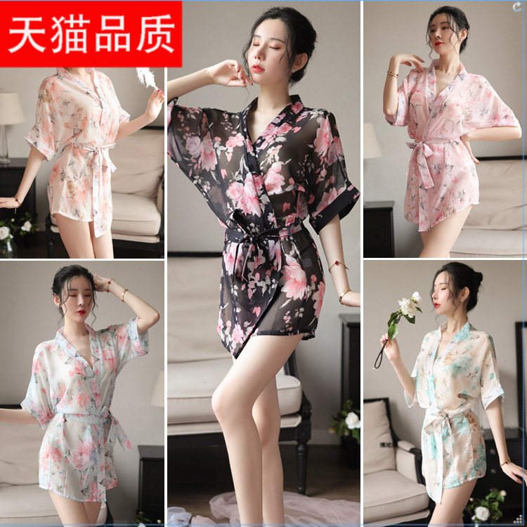 睡衣女夏季冰丝日本和服印花睡袍薄款性感系带浴袍夏天真丝家居服