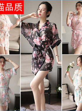 睡衣女夏季冰丝日本和服印花睡袍薄款性感系带浴袍夏天真丝家居服