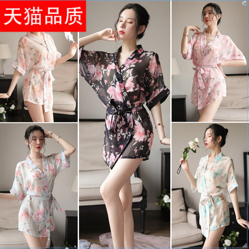 睡衣女夏季冰丝日本和服印花睡袍薄款性感系带浴袍夏天真丝家居服