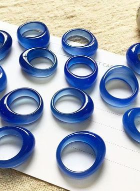 天然海蓝宝戒指指环男女时尚简约玉石蓝色戒圈戒指跑环配饰