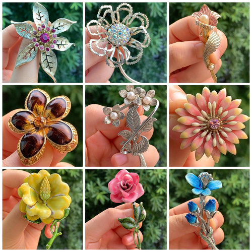 地球脑袋|vintage西洋古董首饰monet莫奈GIOVANNI珐琅花朵胸针xz