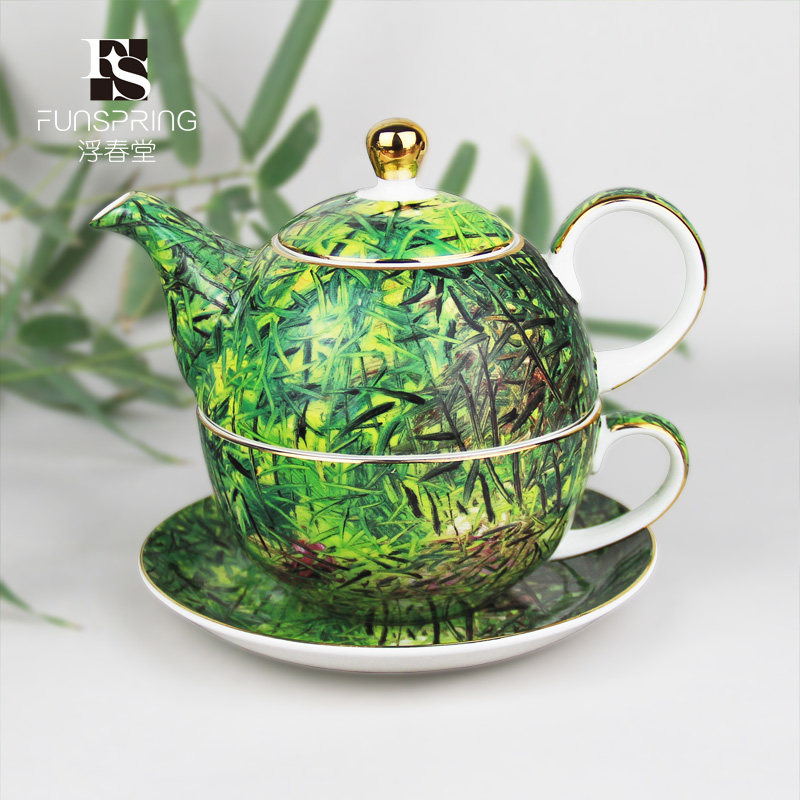 浮春堂大隐子母壶骨瓷描金绿色创意国潮艺术礼英式下午茶单人茶壶