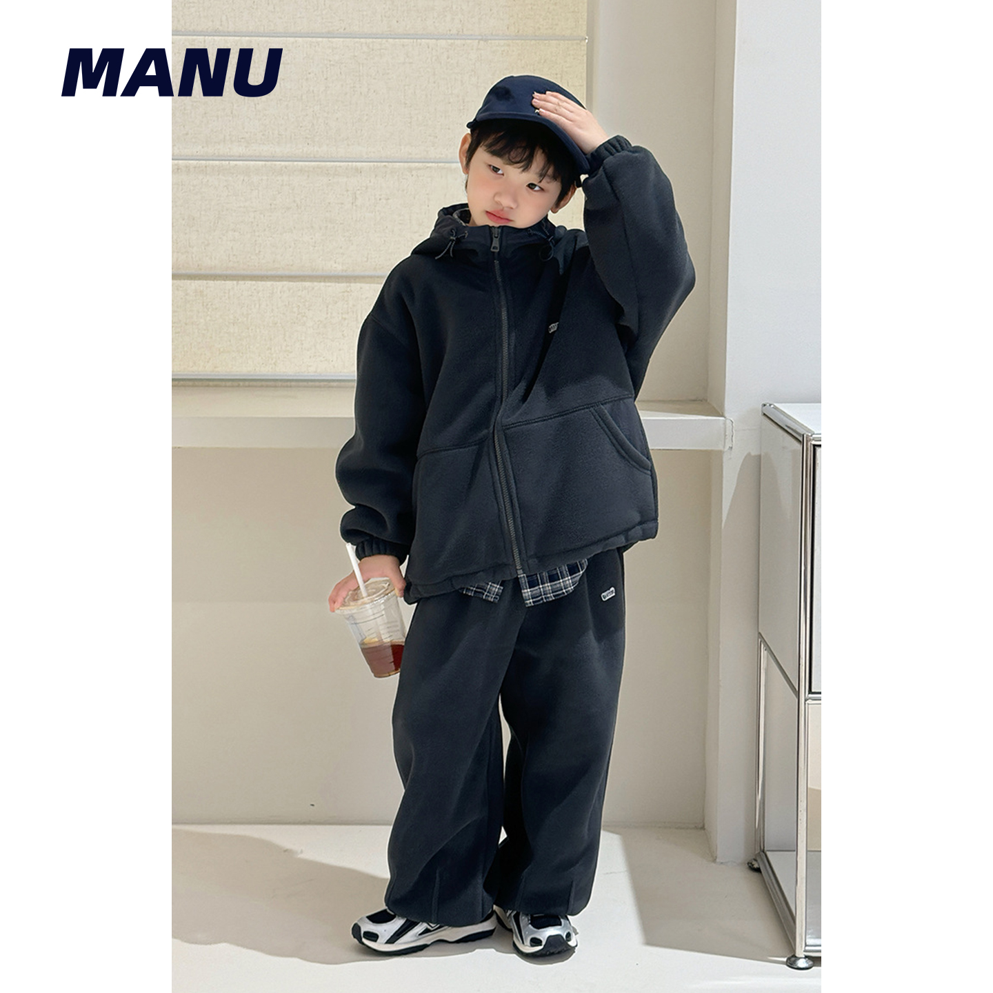 加绒加厚拼布简约保暖外套套装