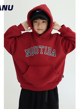 MANUKIDS童装男童25冬季新年红加厚一体绒宽松保暖连帽儿童卫衣