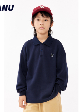 MANUKIDS童装男童23秋季纯色简约刺绣日系翻领儿童长袖T恤POLO衫