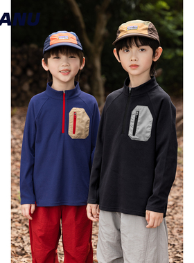 加绒保暖 MANUKIDS童装男童25冬季撞色口袋中大童长袖T恤打底衫