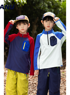 加绒保暖 MANUKIDS童装男童25冬季撞色口袋中大童长袖T恤打底衫