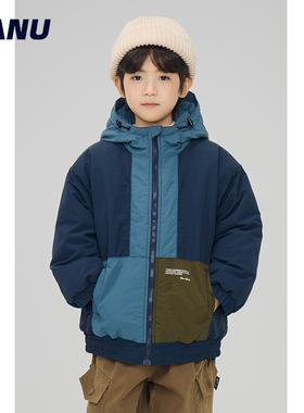 MANUKIDS童装男童25冬季加厚撞色连帽冲锋衣保暖棉衣儿童棉服外套