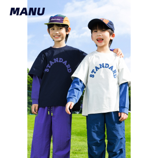 字母撞色假两件中大童长袖 男童25秋季 T恤 MANUKIDS童装 速干防晒