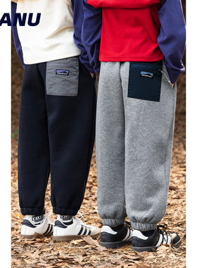 加绒保暖 MANUKIDS童装男童25秋冬复合拉链口袋休闲中大童运动裤