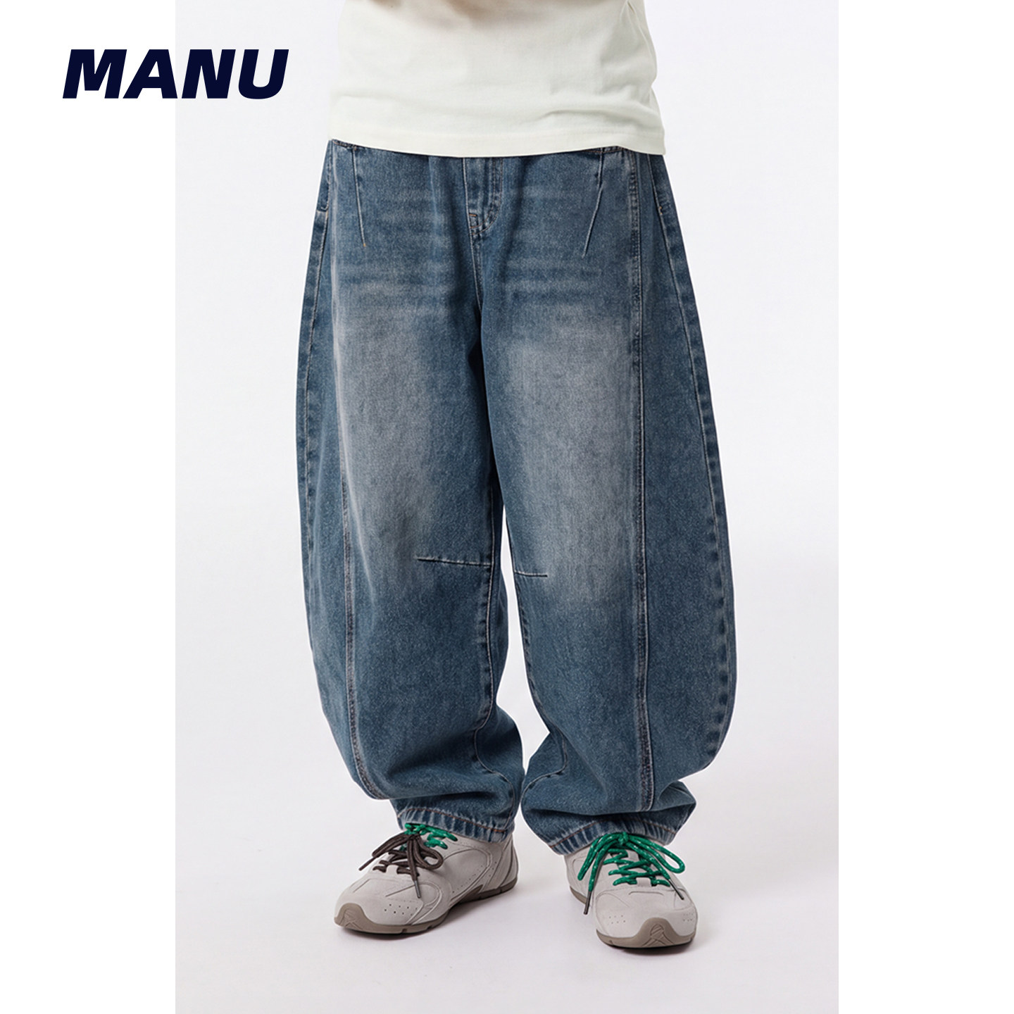 MANUKIDS童装男童26秋季复古水洗拼接直筒阔腿弯刀裤中大童牛仔裤