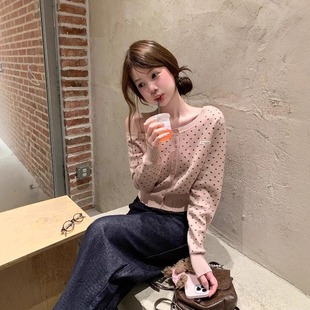 设计感小个子甜美减龄显瘦上衣 女春秋款 韩系粉色波点长袖 针织开衫