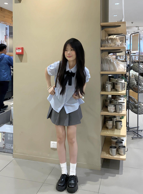 学院风蓝色宽松短袖衬衫女夏季薄款韩系设计感褶皱小个子甜美衬衣