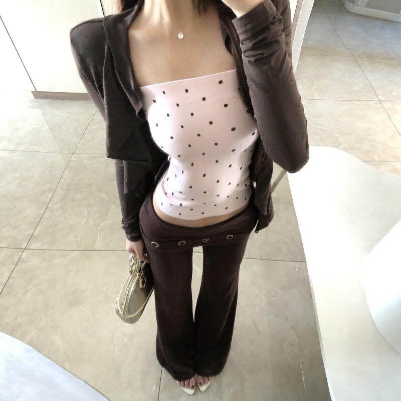韩系荷叶边防晒空调开衫长袖t恤女夏修身上衣波点抹胸慵懒两件套