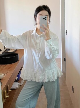 韩系设计感蕾丝拼接白色衬衫女春季新款慵懒休闲宽松显瘦长袖衬衣