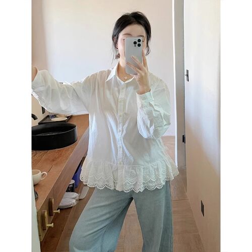 法式蕾丝拼接白色衬衫