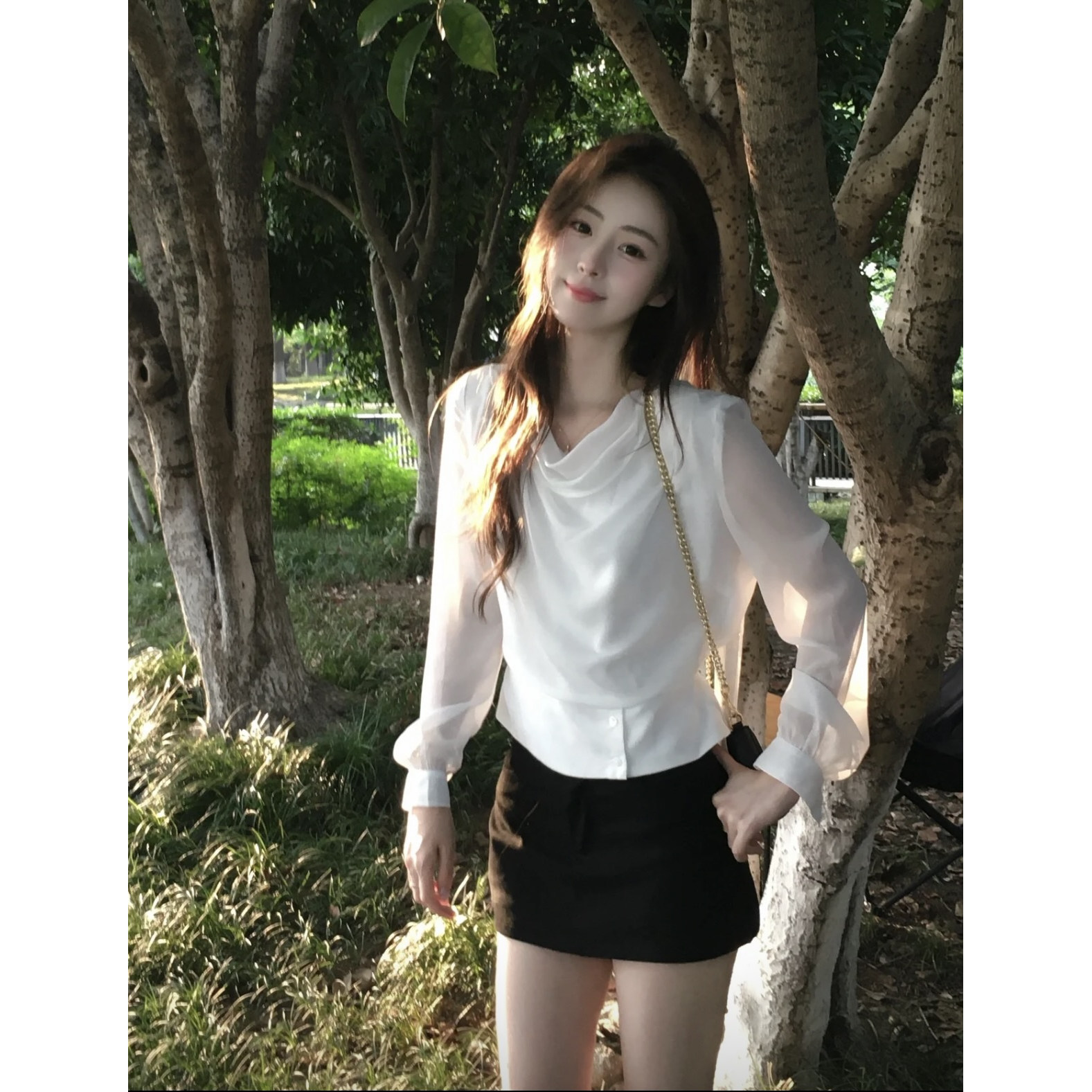 法式复古荡领飘带长袖衬衫女秋季新款收腰显瘦别致松弛老钱风上衣