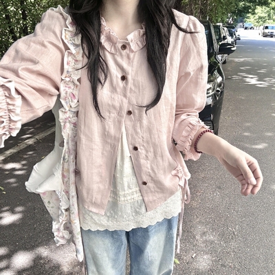 亚麻抽皱木耳边设计衬衫女上衣秋