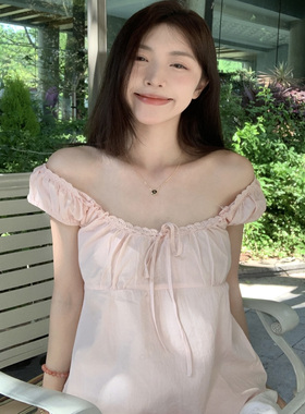 法式甜美纯欲粉色蕾丝花边衬衫一字肩两穿气质夏季小众设计感上衣