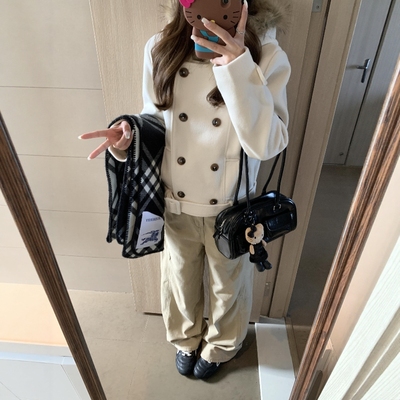 韩系毛领双排扣短款连帽大衣女秋冬款收腰加厚系带高级感上衣外套