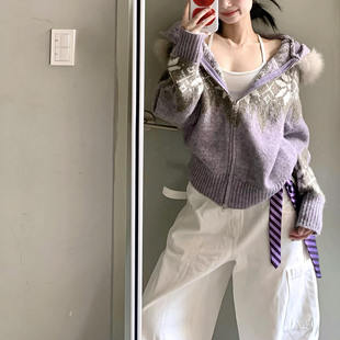 费尔岛毛衣外套女秋冬穿搭双拉链连帽毛领针织开衫宽松保暖上衣潮