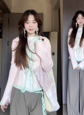 韩系木耳边v领甜美复古撞色钩花外套女秋款爱心针织镂空系带开衫