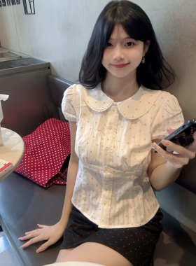 韩系甜美娃娃领波点短袖衬衫2025夏季新款修身显瘦泡泡袖减龄上衣