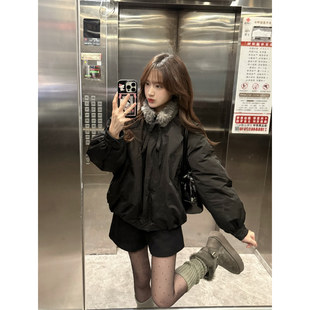 韩系甜美毛领黑色花苞棉服外套女冬季新款设计感小众加厚保暖上衣