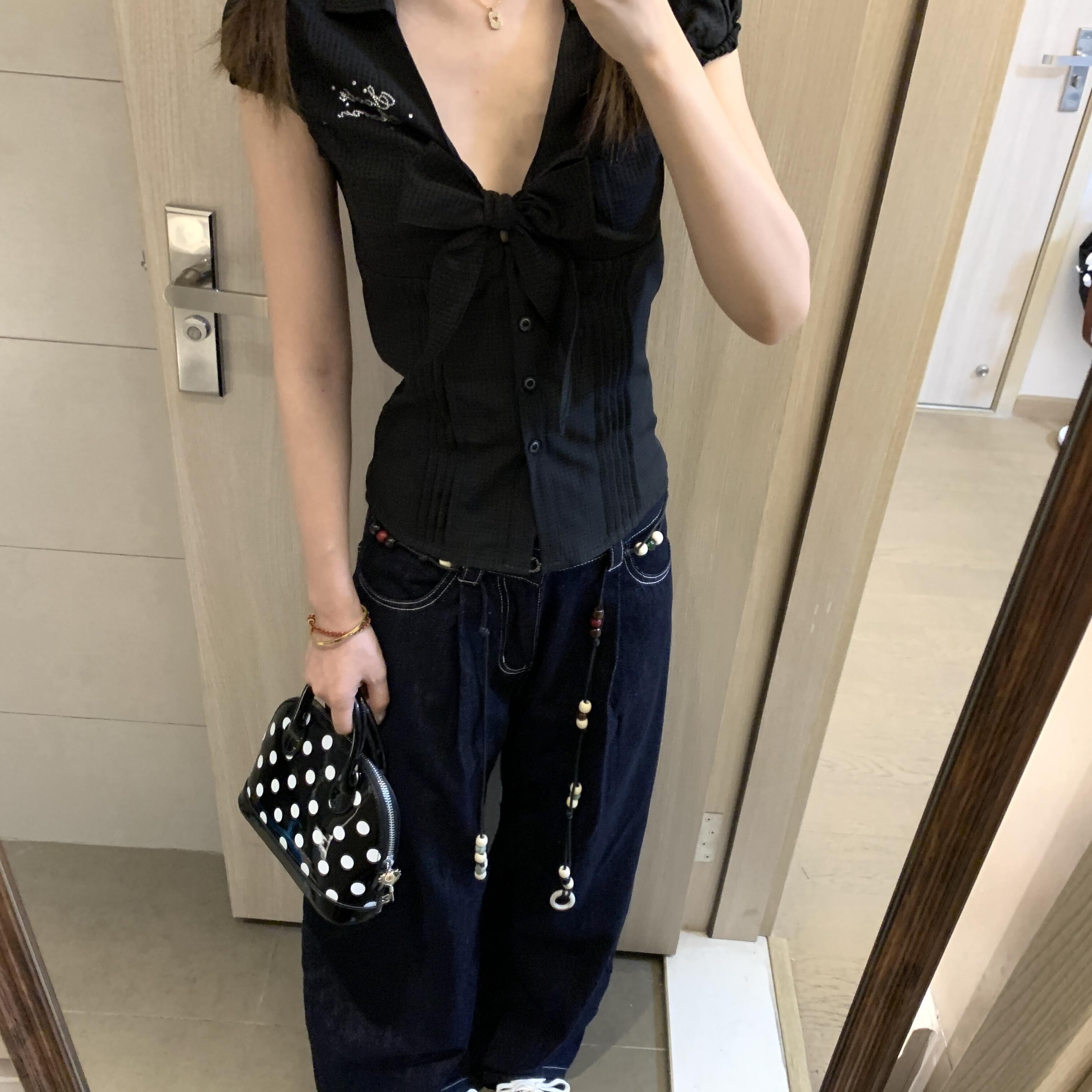 韩系复古蝴蝶结黑色短袖衬衫女