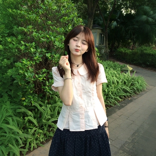韩系粉色娃娃领收腰短袖衬衫夏季甜美少女感木耳花边正肩显瘦上衣