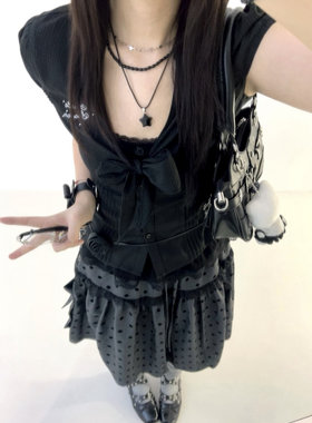 韩系复古黑色暗格蝴蝶结V领衬衫收腰气质显瘦上衣夏新款纯欲百搭