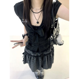 韩系复古黑色暗格蝴蝶结V领衬衫收腰气质显瘦上衣夏新款纯欲百搭