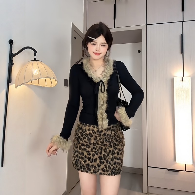 韩系修身毛领拼接修身上衣豹纹包臀短裙女高智感辣妹打底衫两件套,女装/女士精品,毛针织衫,淘宝优惠券,粉丝福利购,淘宝优惠卷