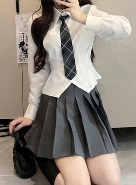 收腰JK制服套装学院风辣妹长袖衬衫女秋季上衣纯欲风修身白色衬衣