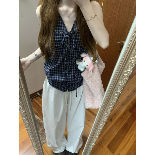 韩系辣妹露背格子无袖挂脖吊带