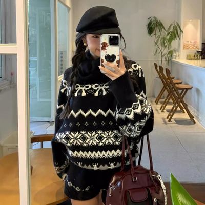 美式复古费尔岛毛衣外套女2025秋冬新款内搭打底针织上衣短裤套装