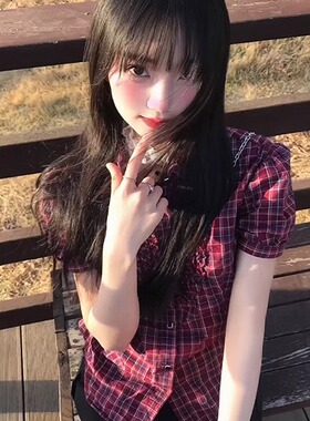 泡泡袖衬衫短袖女夏季穿搭红色格纹衬衣收腰修身学院风短款上衣潮