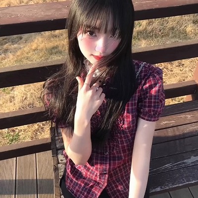 泡泡袖衬衫短袖女红色格纹衬衣