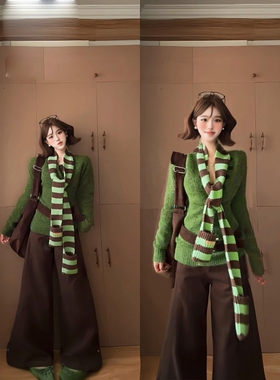 韩系复古绿显白套头亨利领软糯针织开衫女秋冬款毛衣外套修身上衣