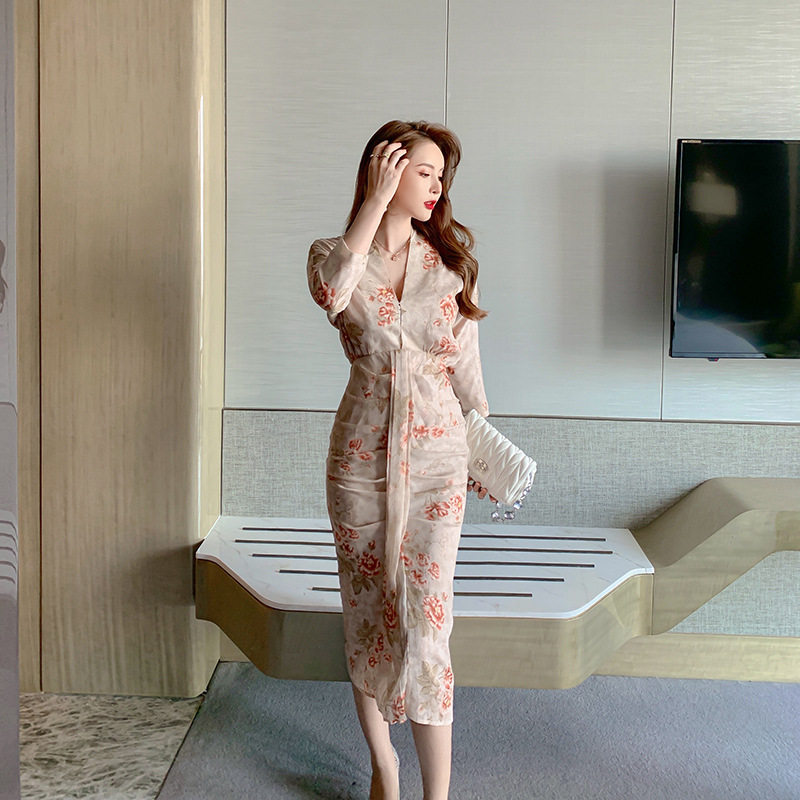 欧洲站法式高端轻奢名媛礼服气质碎花连衣裙女春季收腰显瘦包臀裙