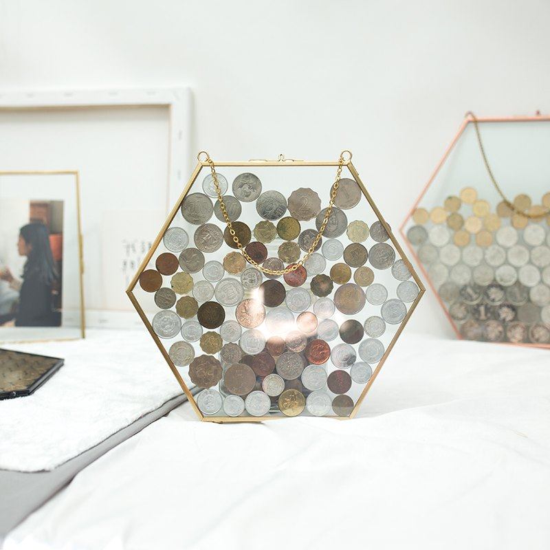 六边形硬币收藏相框玻璃透明标本夹挂墙装饰钱币收纳金属铜边画框