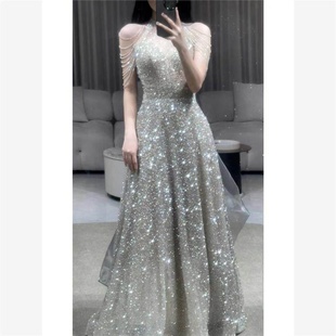 亮闪闪礼服高端晚礼服裙女轻奢小众亮片晚宴会主持人年会平时可穿