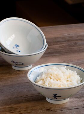 ins风竹纤维碗家用陶瓷餐具蜻蜓图案蓝色边中式碗乔迁