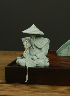 创意迷你姜太公垂钓茶宠青砂石趣味鱼缸摆设装饰茶道摆件中式造景