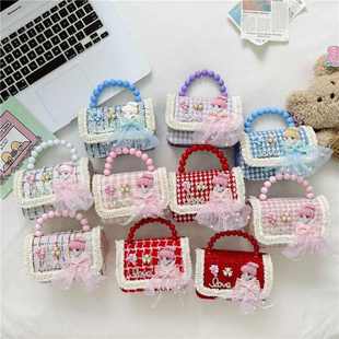 新品 新款女童包包珍珠手提包毛呢质感韩版单肩包斜挎包儿童宝宝