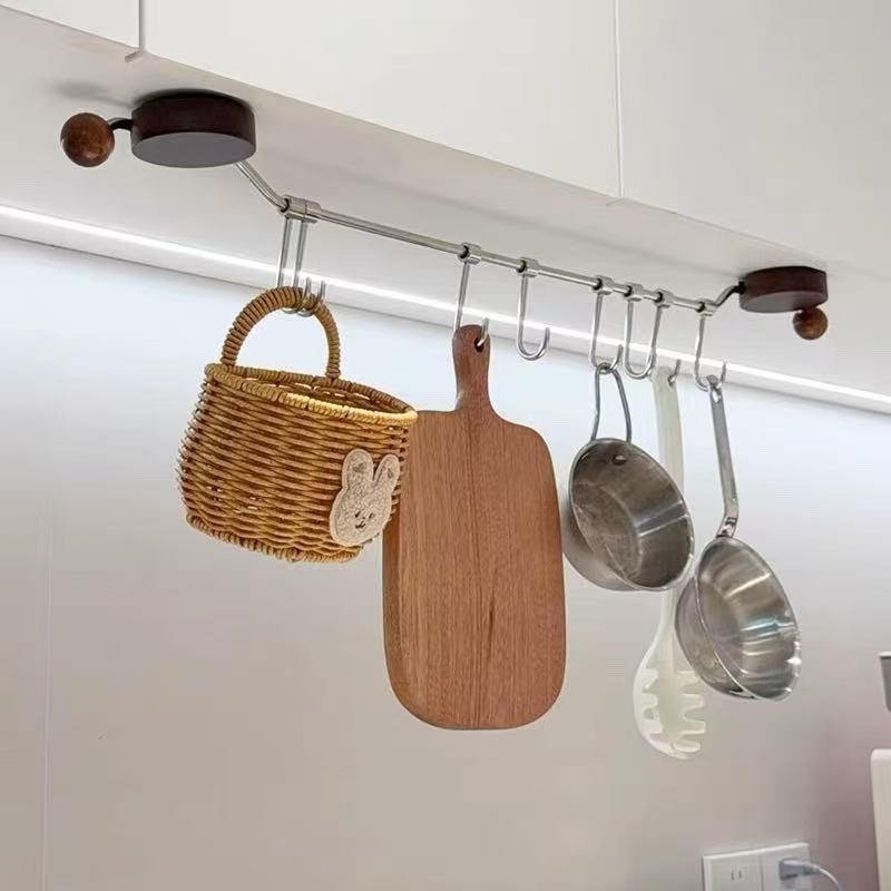 厨房挂钩免吸盘打孔挂杆置物架锅铲勺子专用多功能一排挂架胡桃木