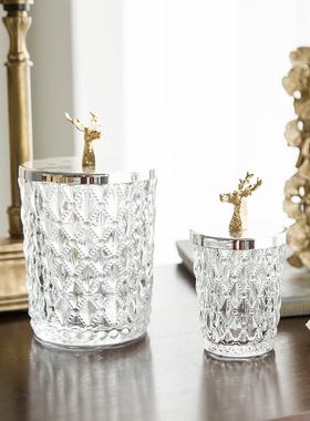 美式轻奢鹿头装饰摆件客厅装饰品玻璃储物罐糖果罐 牙签罐 棉签罐